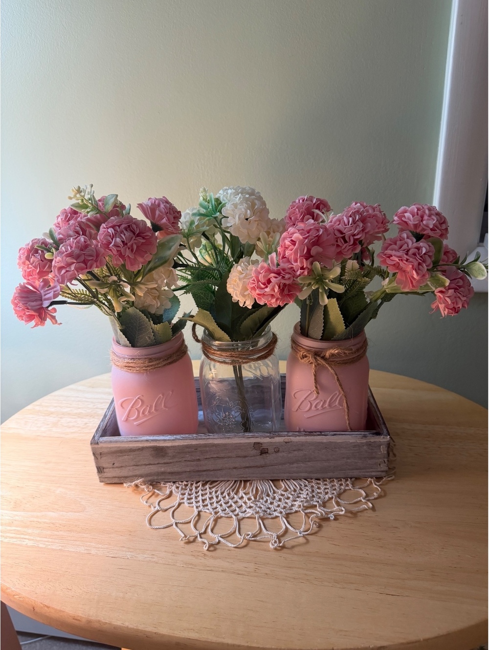 Set of 3 Pink and Clear Ball Mason Jars with Faux Pink and White Flowers in Wood